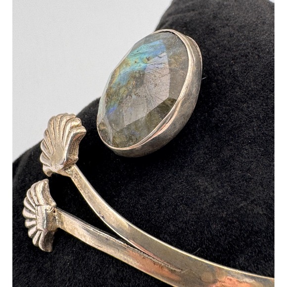 Silver Tone Faceted Labradorite Sea Shell Wrap Bangle Adjustable Boho Bracelet - Picture 2 of 12